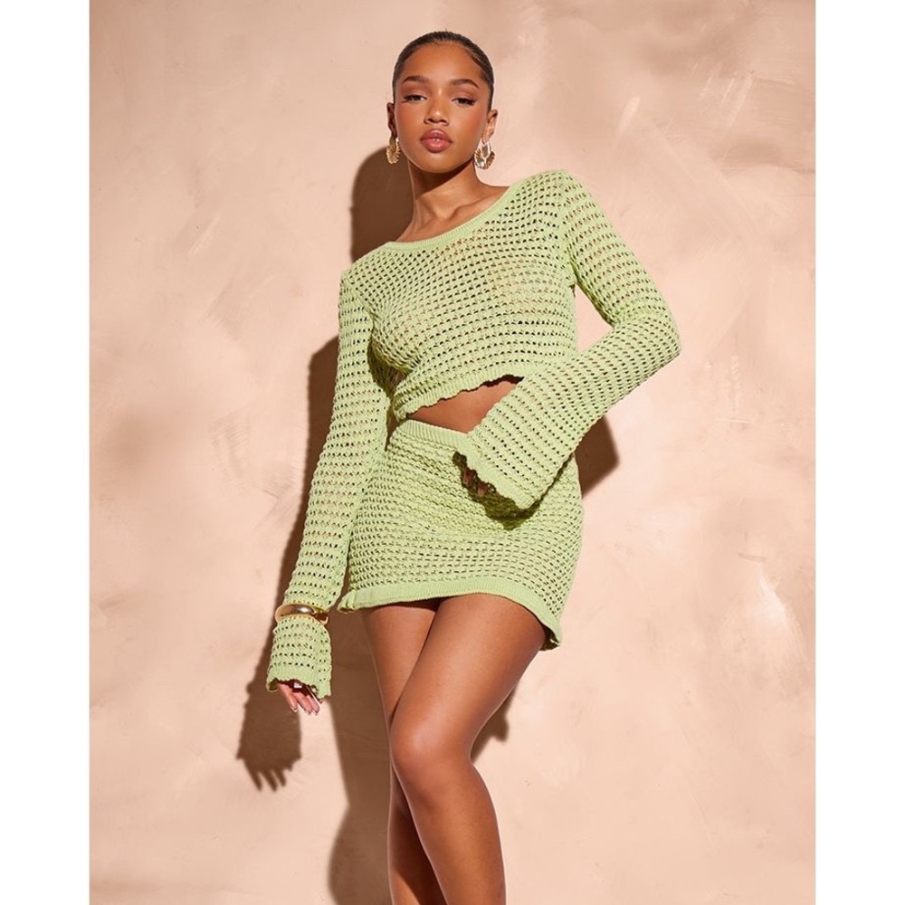 PrettyLittleThing Lime Green Crochet Skirt Set size small